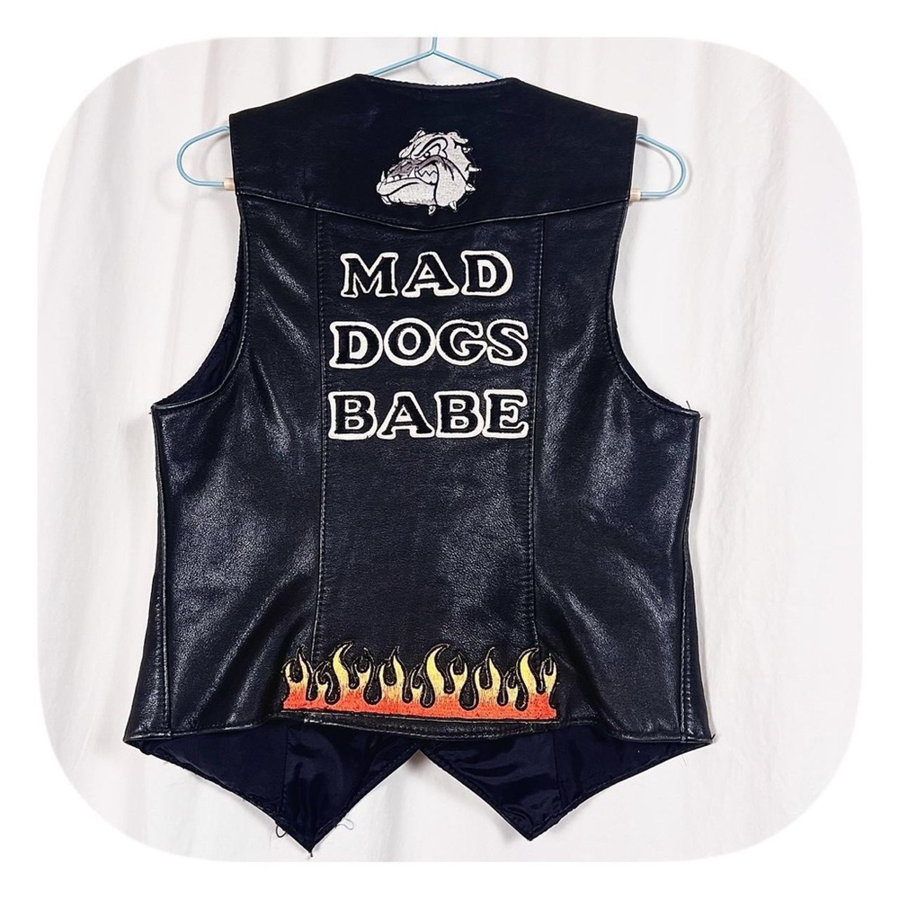 Vintage 80s Black Leather Biker Vest with Bull Dog and Flame patches sz Small